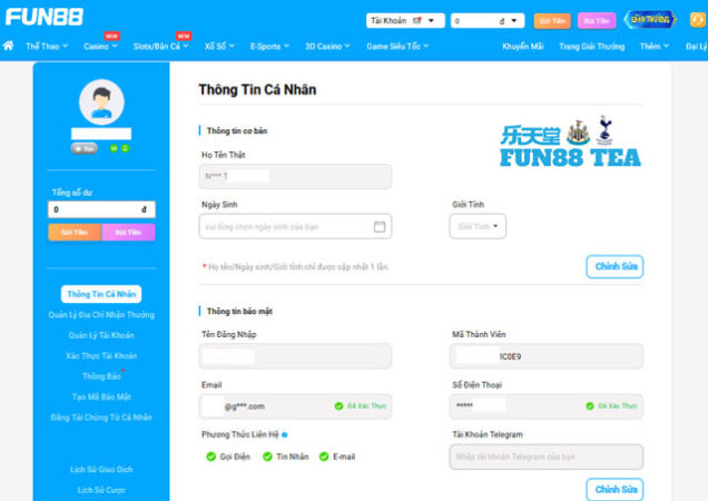 Các bước bổ sung hồ sơ tài khoản đăng ký FUN88