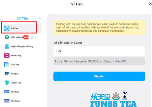 Chỉ dẫn nạp tiền Fun88 qua QRPay