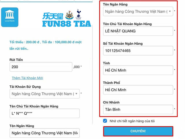 Điền kỹ thông tin trên giao diện rút tiền Fun88