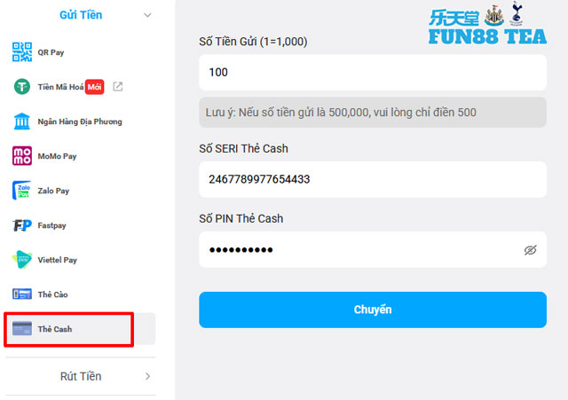 Dùng thẻ Cash để nạp tiền Fun88