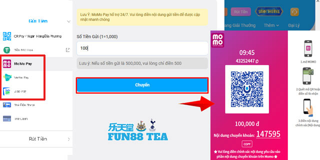 Các bước nạp tiền Fun88 qua ví điện tử momo