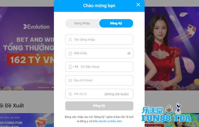 Điền thông tin của bạn để đăng ký FUN88