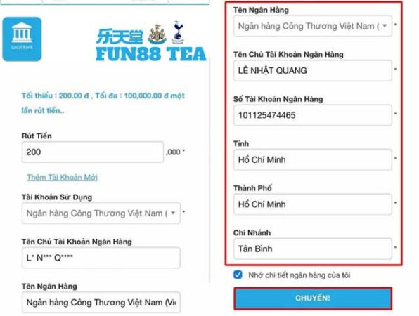 Điền thông tin rút tiền Fun88 theo yêu cầu