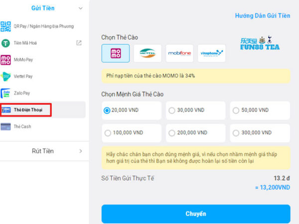 Giao diện nạp tiền fun88 bằng thẻ cào
