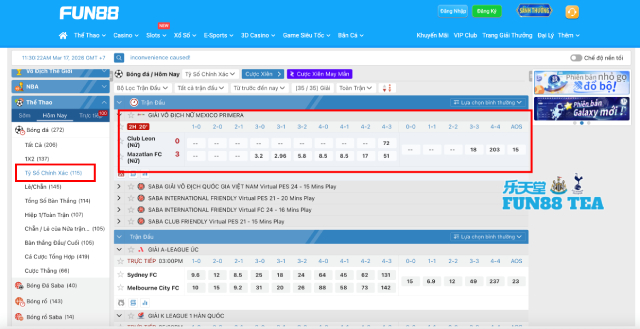 Màn hình bảng kèo tỷ số chính xác trên nhà cái Fun88