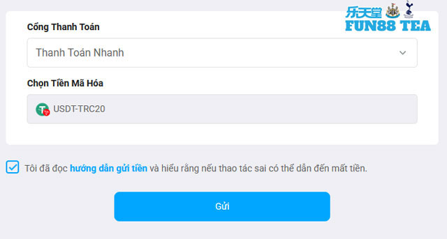 Nạp tiền Fun88 bằng tiền mã hóa USDT