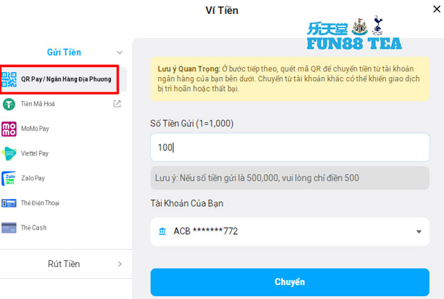 Thao tác nạp tiền fun88 qua qr pay