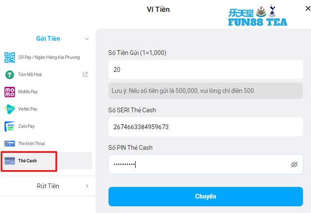 Thực hiện nạp tiền Fun88 với thẻ cash